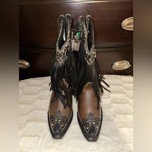 Rockin Country Fringe Studded Womens Size 10M Leather Western Black Brown Boots